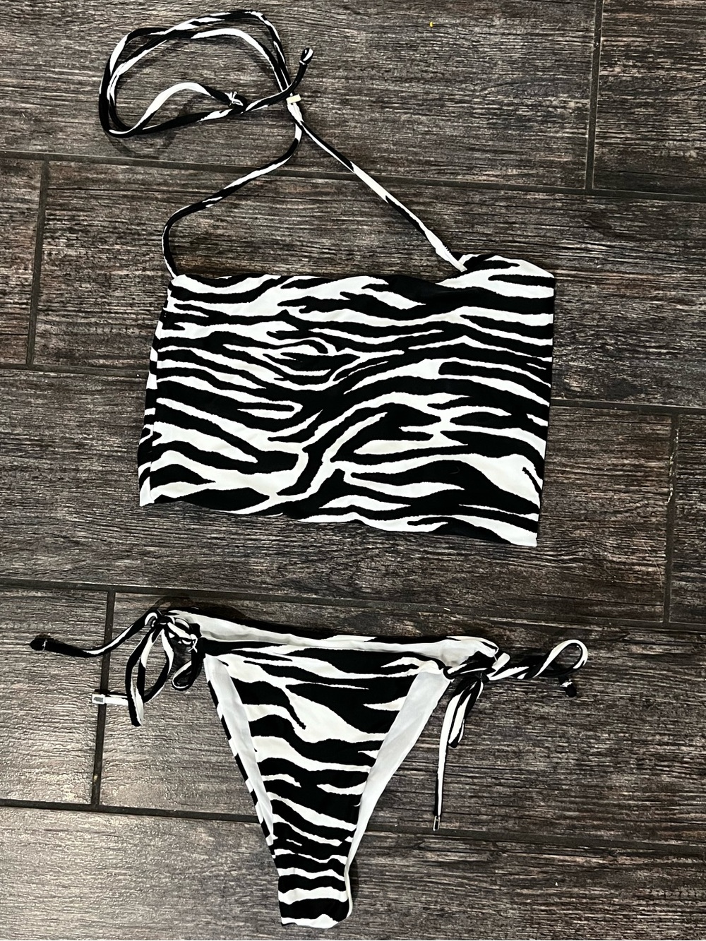 The Attico Black and White Zebra Print Bandeau Bikini
